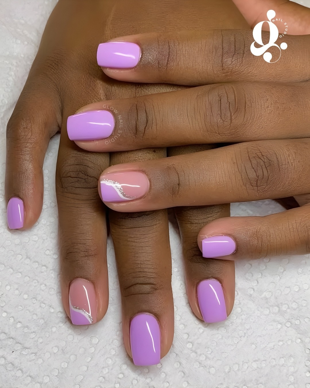 Lilac nails with delicate line art created at Glow Nail Studio